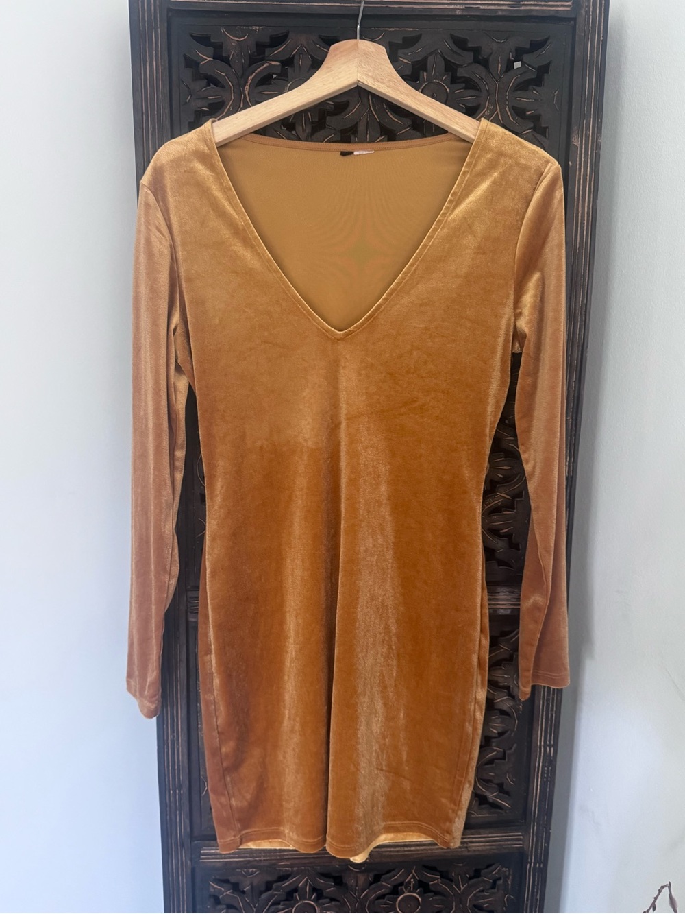 Velvet V-Neck Long Sleeve Dress - Caramel